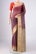 Dark Mauve Banarasi Tussar Silk Saree with Plain Body and Zari Border.  displayed on a mannequin