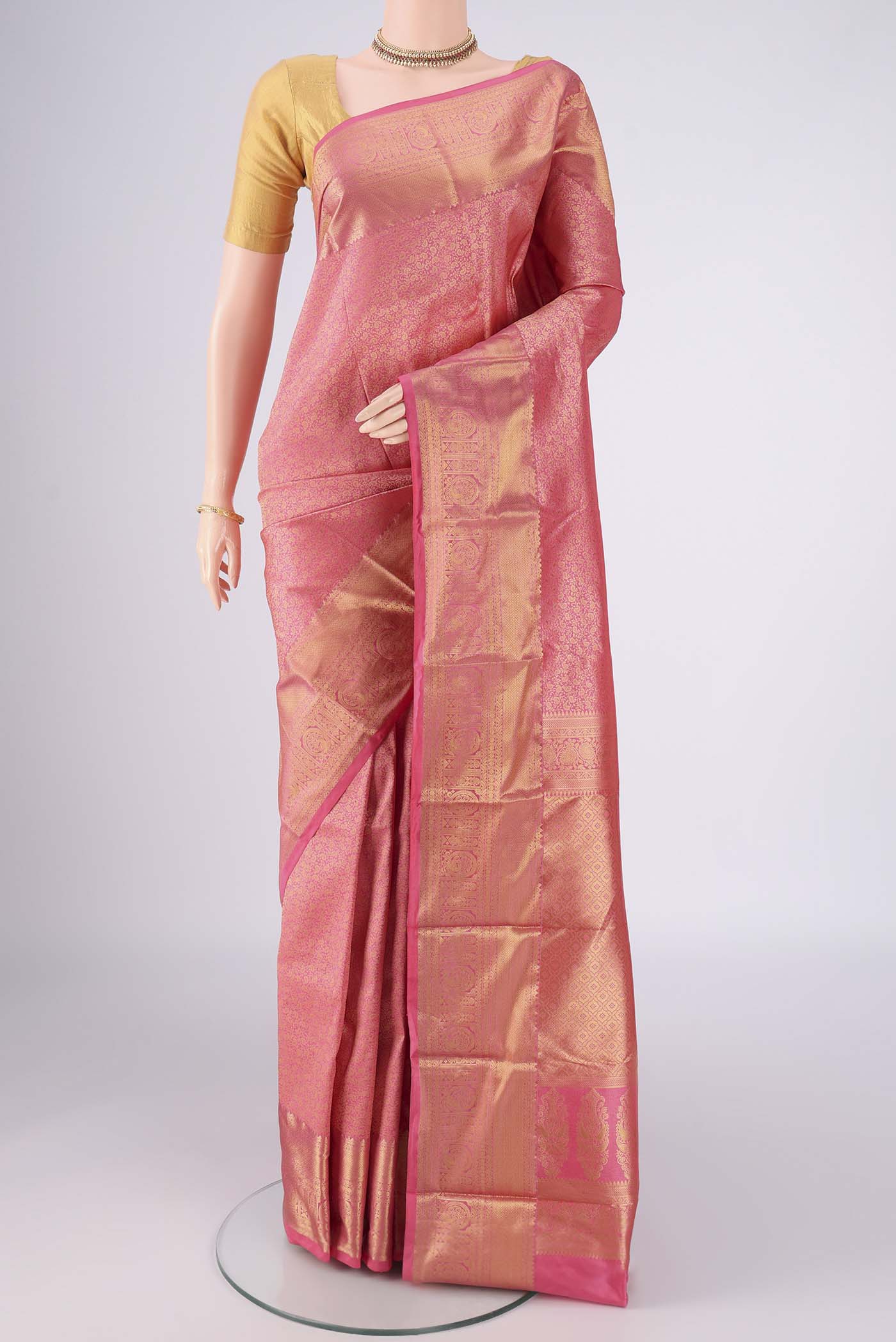 Pink Bangalore Silk Saree with Zari Brocade on the body and Zari Border.  displayed on a mannequin