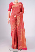 Coral Dual Tone Bangalore Silk Saree with Zari Brocade on the body and Zari Border.  displayed on a mannequin