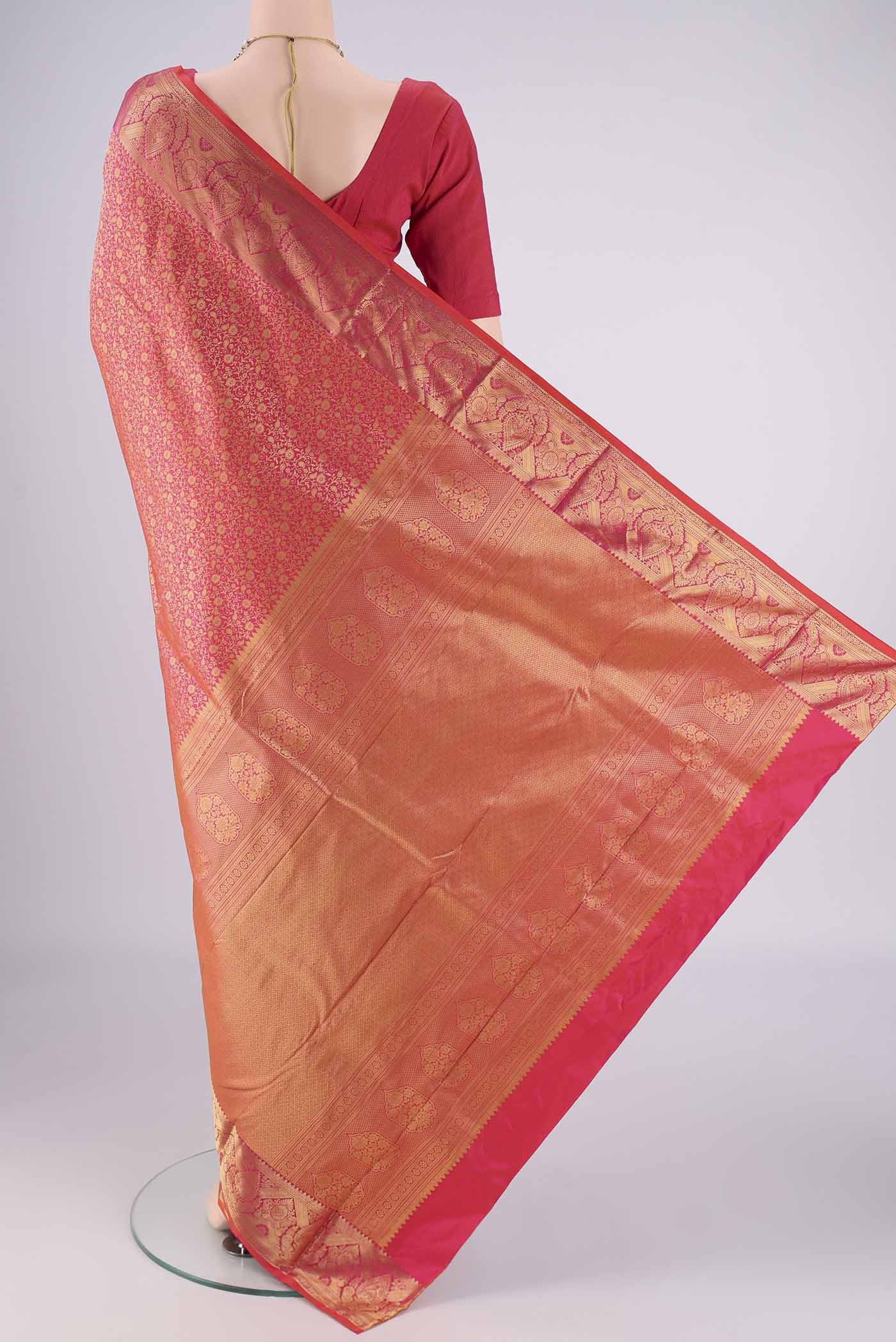Flat view of Coral Dual Tone Bangalore Silk Saree with Zari Brocade on the body and Zari Border. 