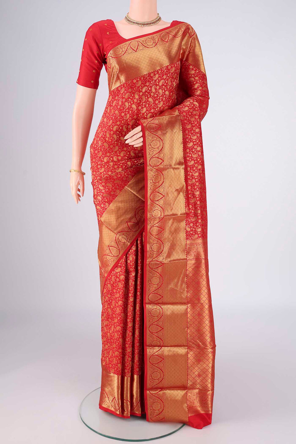 Red Bangalore Silk Saree with Zari Brocade on the body and Zari Border.  displayed on a mannequin