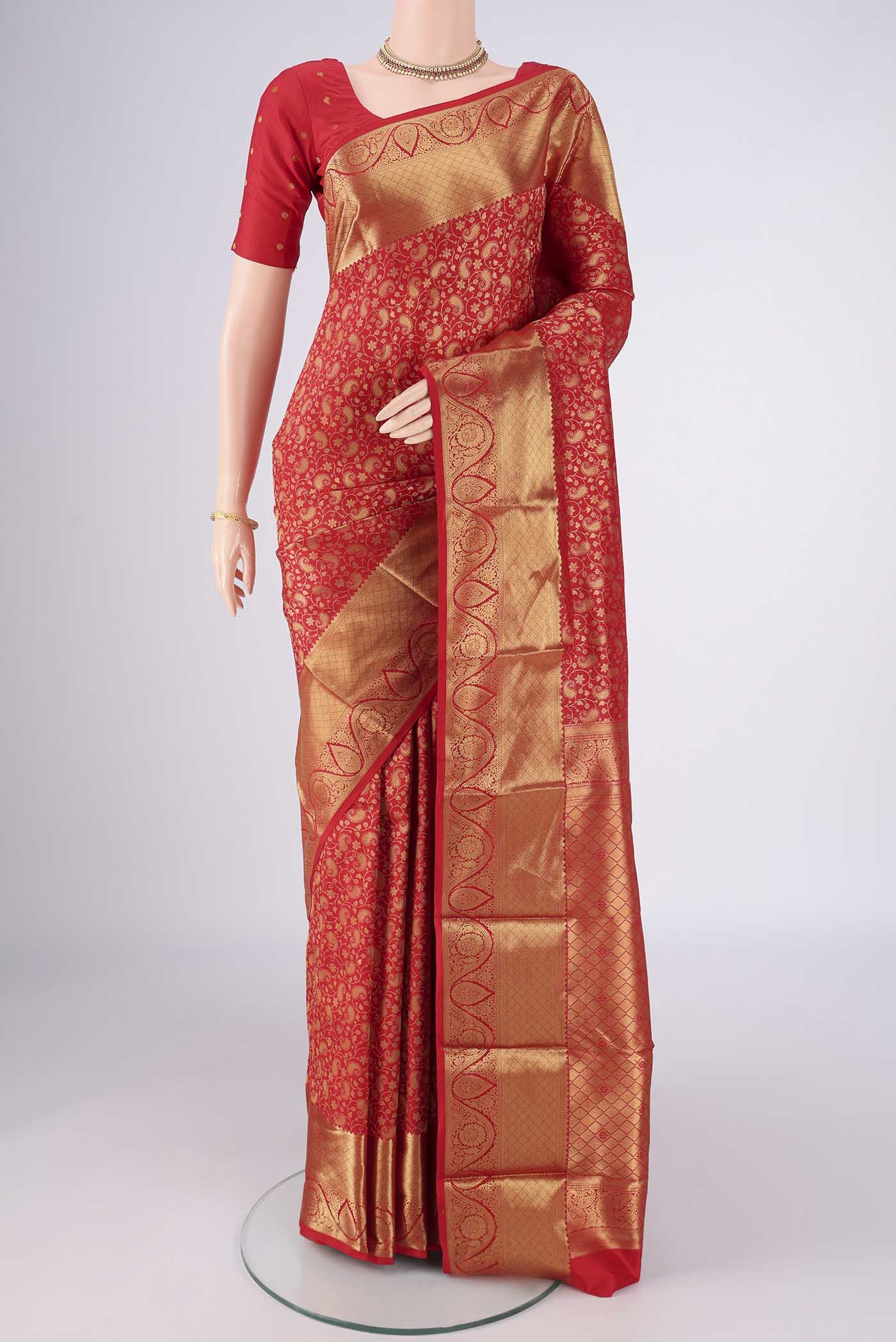 Red Bangalore Silk Saree with Zari Brocade on the body and Zari Border.  displayed on a mannequin