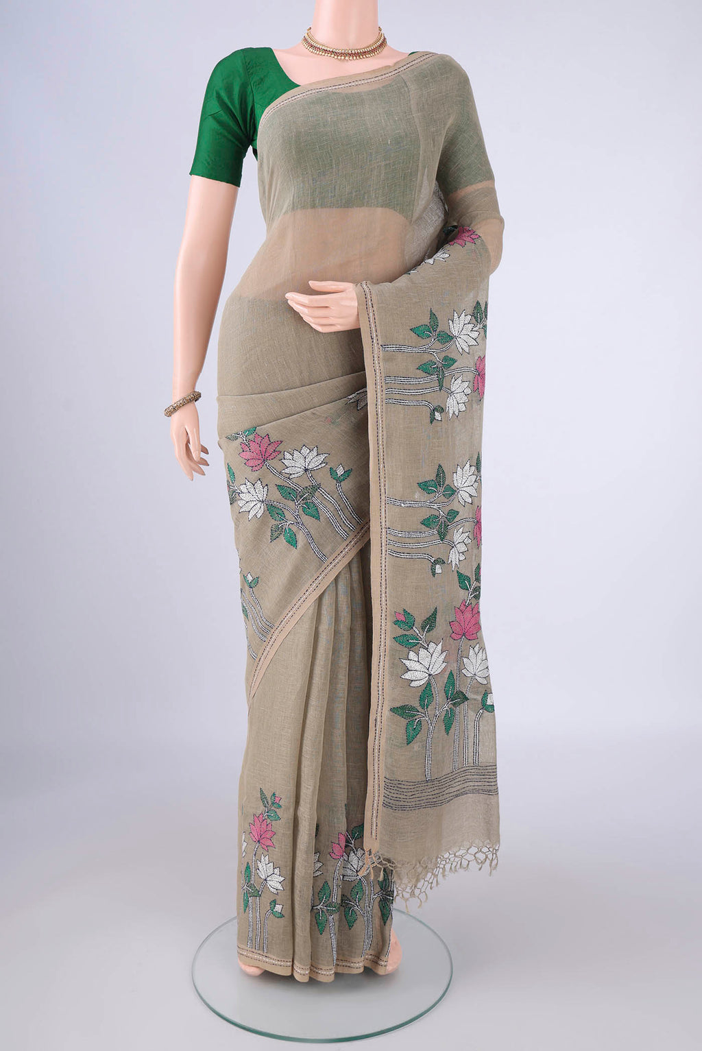 Dark Beige Linen Saree with Kantha Work on the body and Thread Border.  displayed on a mannequin