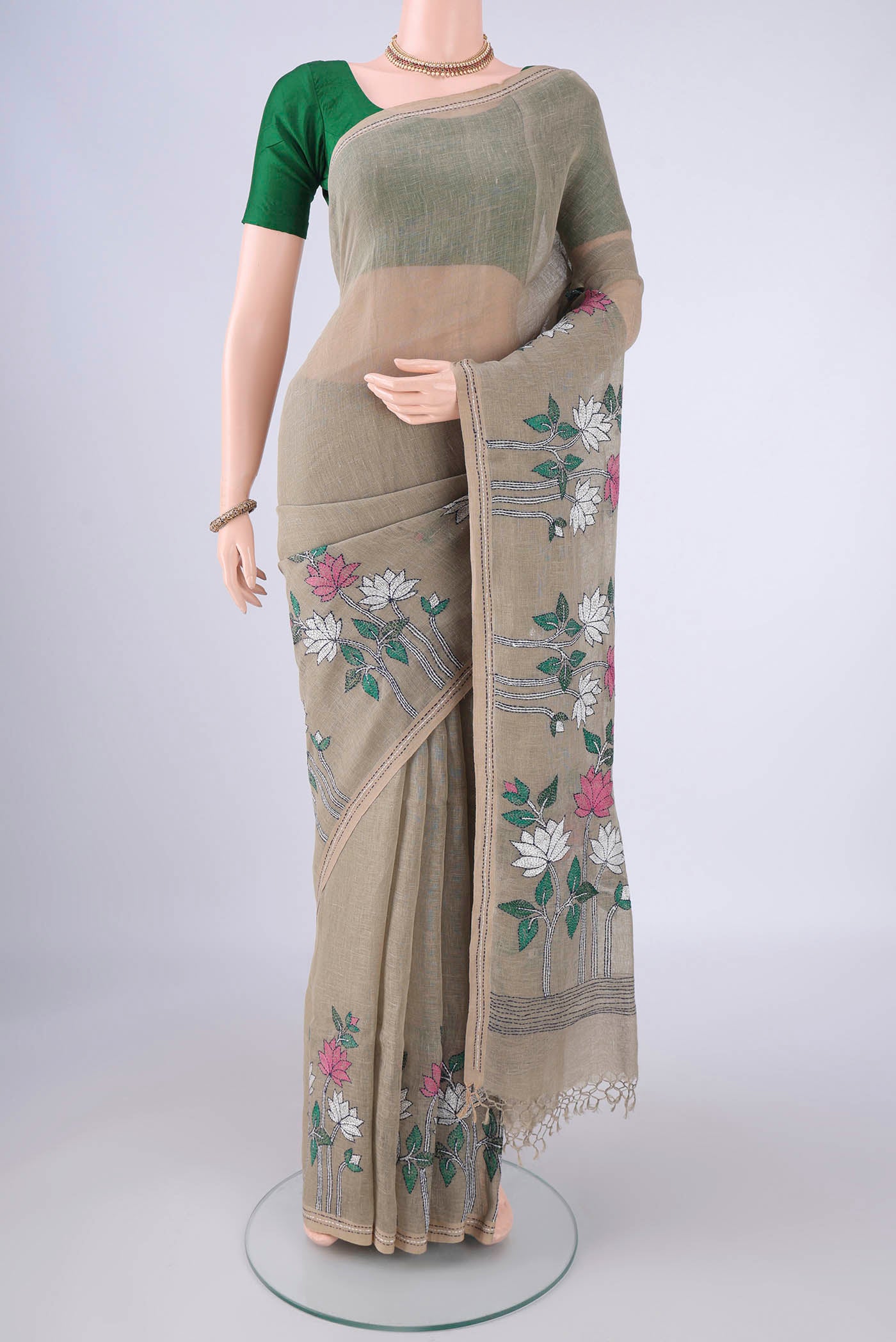 Dark Beige Linen Saree with Kantha Work on the body and Thread Border.  displayed on a mannequin