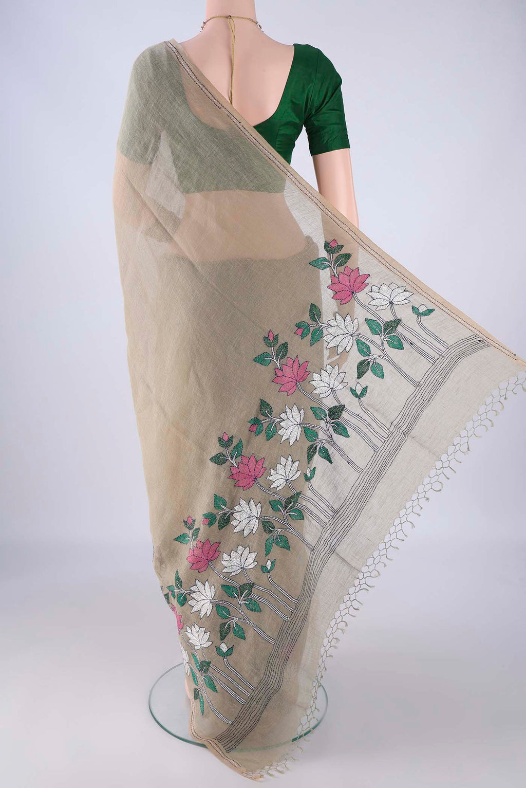 Flat view of Dark Beige Linen Saree with Kantha Work on the body and Thread Border. 