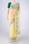 Lemon Yellow Linen Saree with Plain Body and Thread Border.  displayed on a mannequin