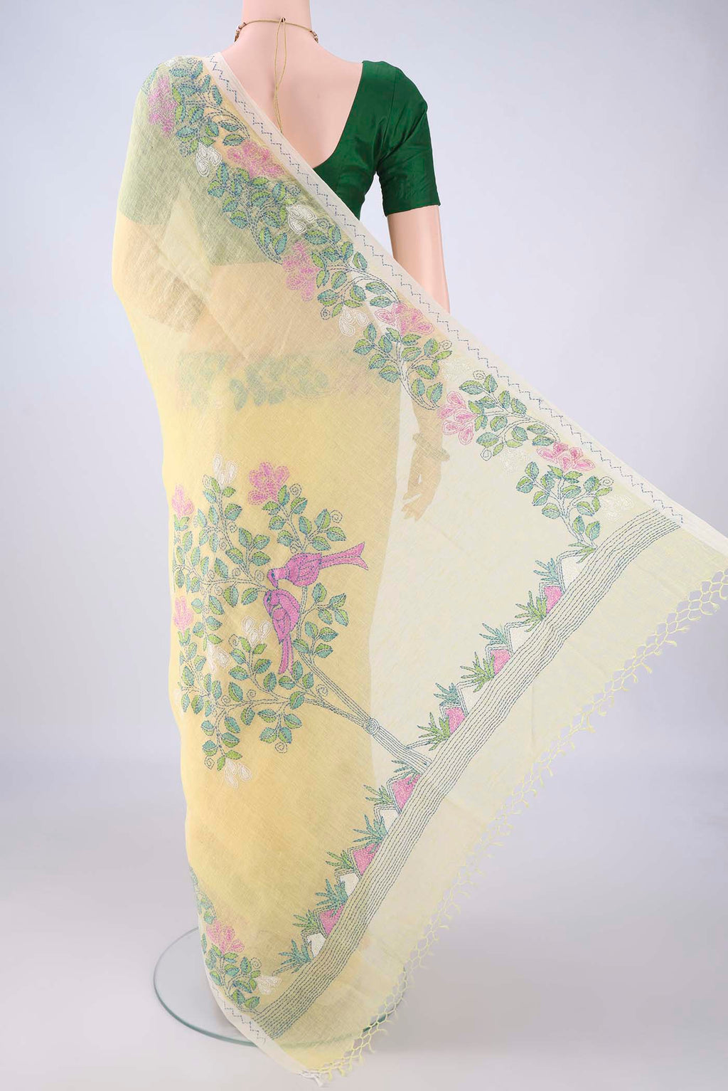 Flat view of Lemon Yellow Linen Saree with Plain Body and Thread Border. 