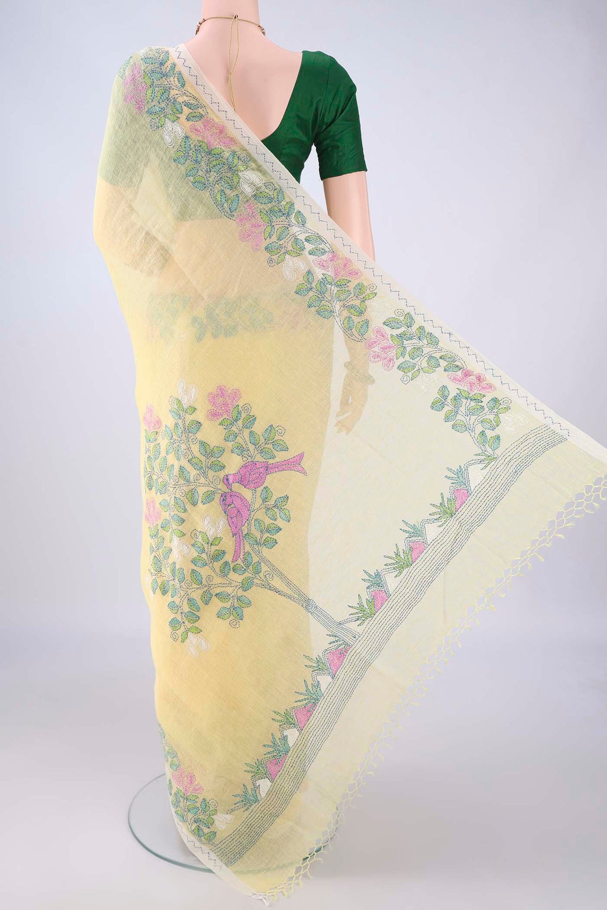 Flat view of Lemon Yellow Linen Saree with Plain Body and Thread Border. 