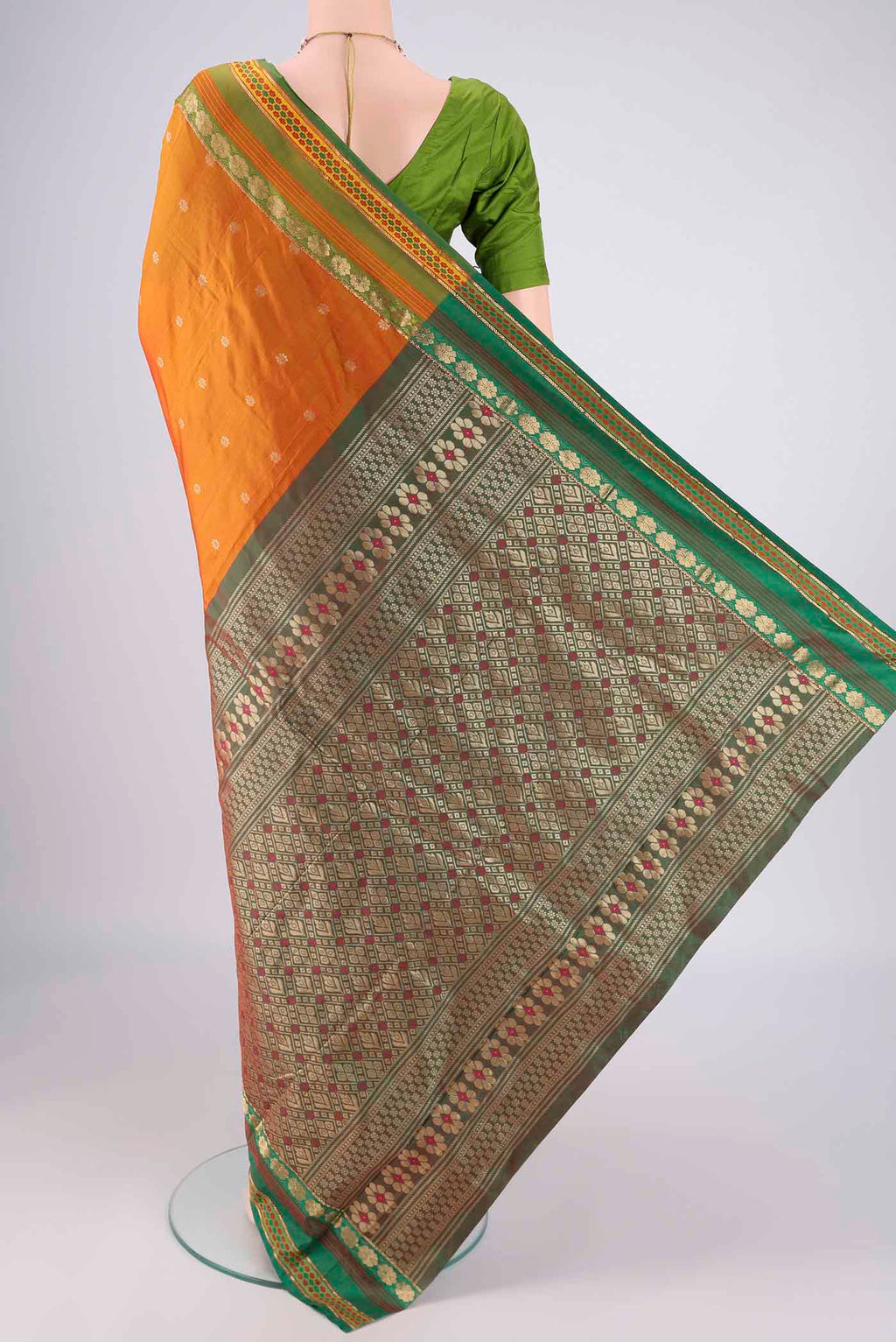 Flat view of Mustard Blended Bangalore Silk Saree with Zari Butta on the body and Zari Border. 