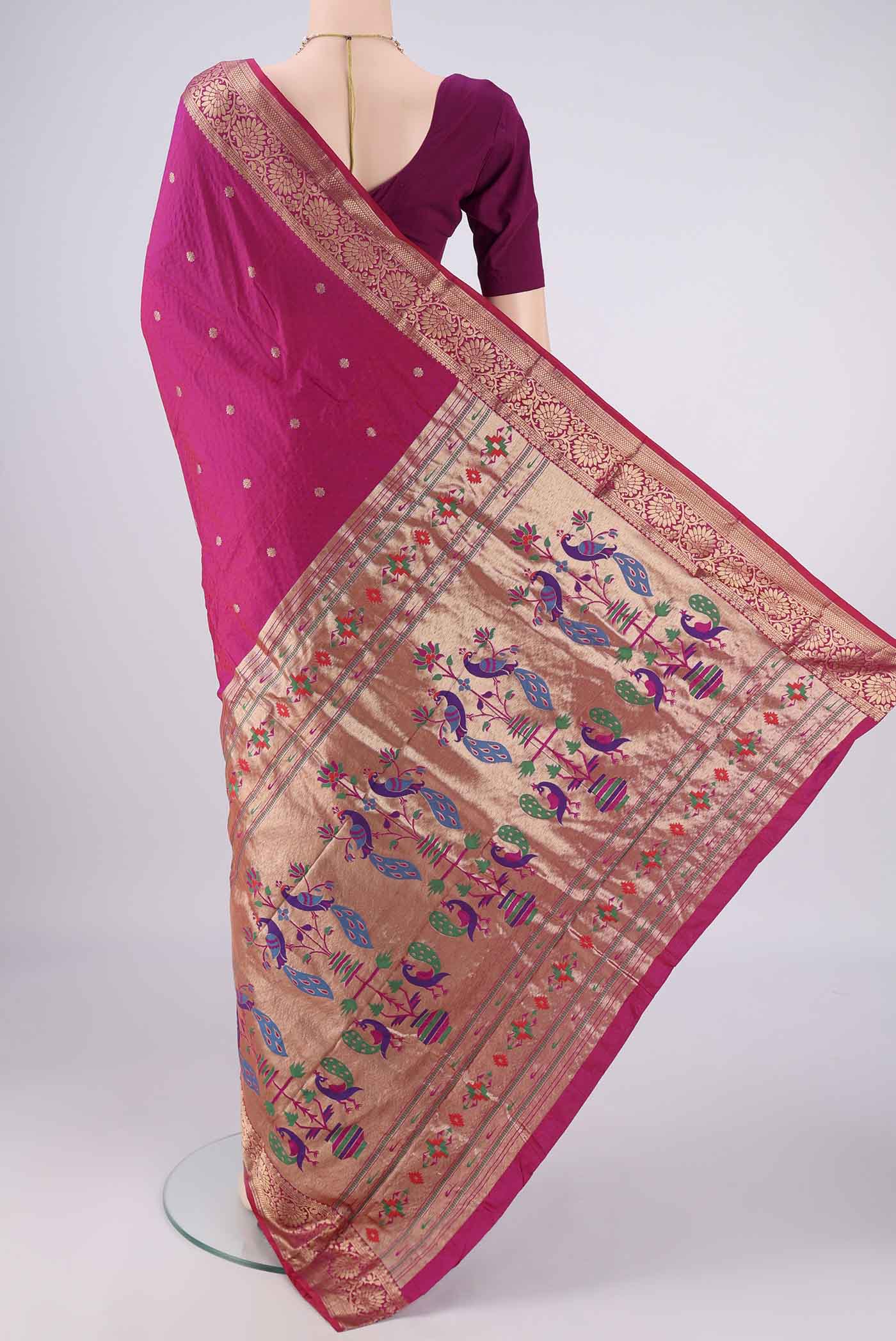 Flat view of Pink Blended Bangalore Silk Saree with Jacquard design on the body and Zari Border. 