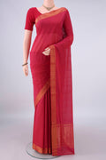 Coral Mangalagiri Cotton Saree with Plain Body and Zari Border.  displayed on a mannequin