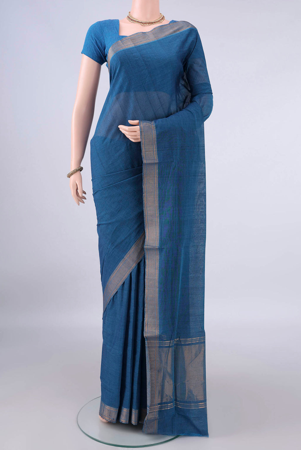 Blue Mangalagiri Cotton Saree with Plain Body and Zari Border.  displayed on a mannequin