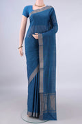 Blue Mangalagiri Cotton Saree with Plain Body and Zari Border.  displayed on a mannequin