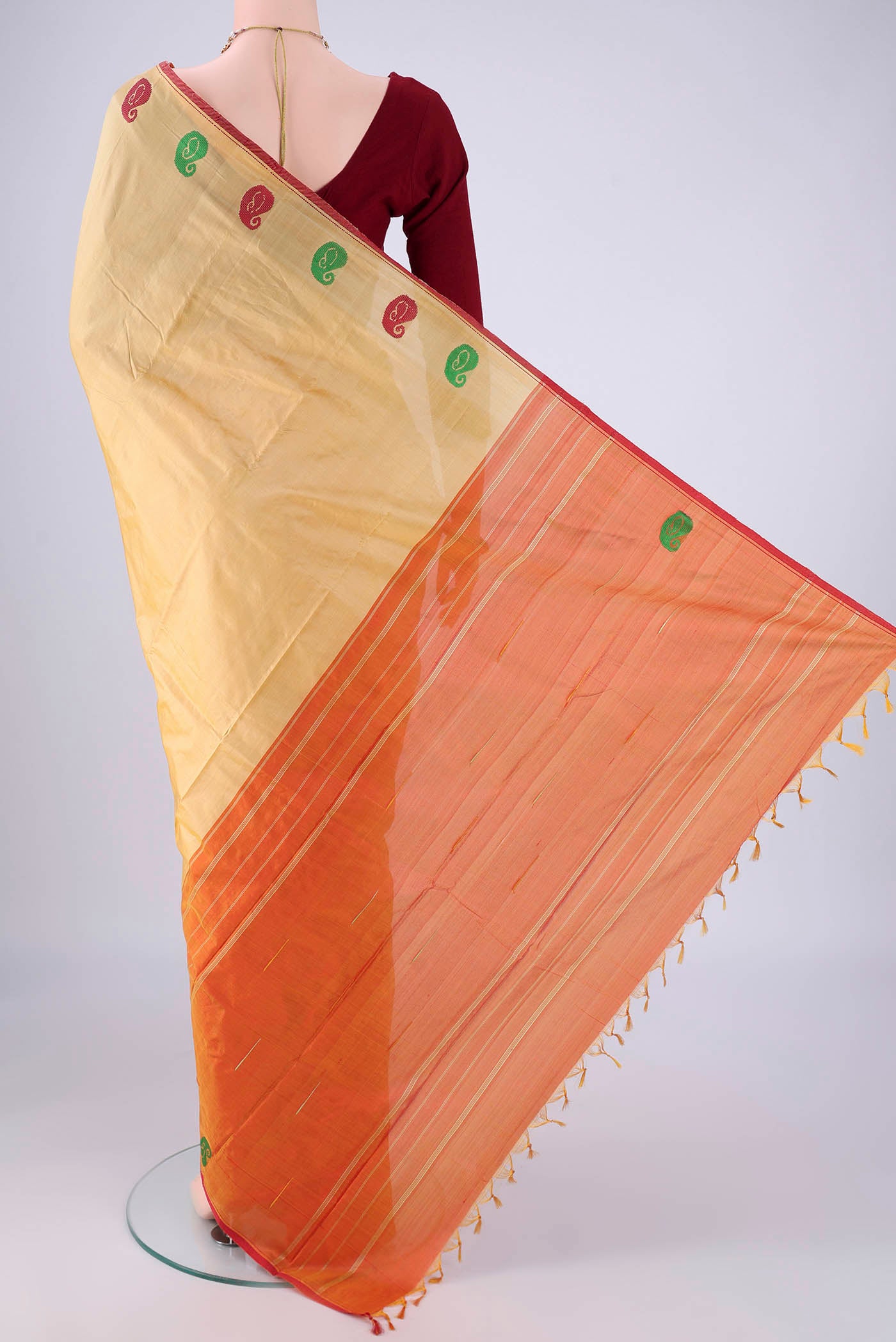 Flat view of Sandal Kanchipuram Silk Saree with Plain Body and Thread Border. 