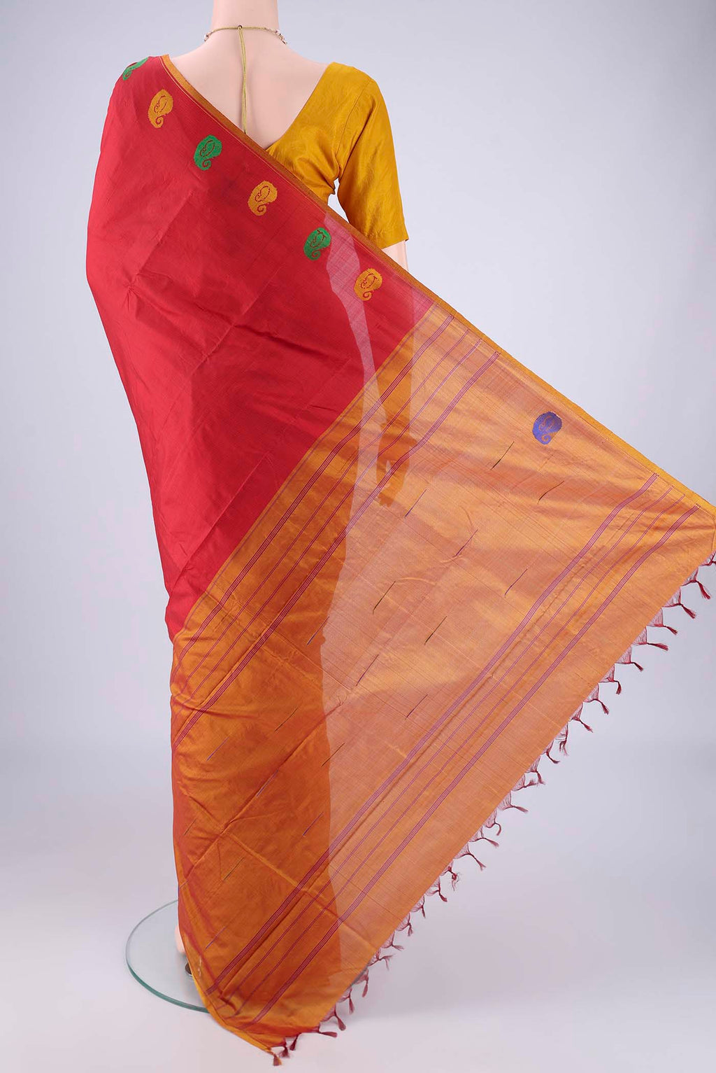Flat view of Deep Red Kanchipuram Silk Saree with Stripes on the body and Thread Border. 