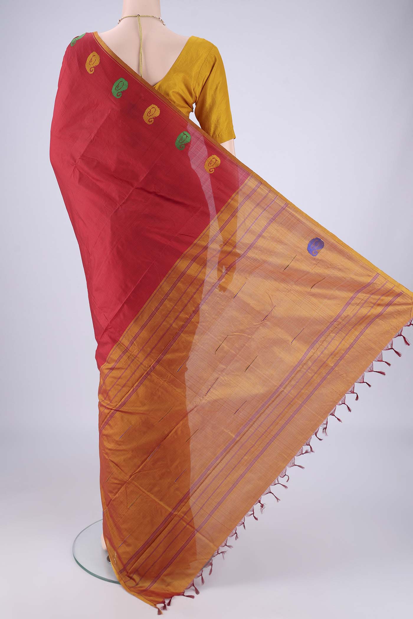 Flat view of Deep Red Kanchipuram Silk Saree with Stripes on the body and Thread Border. 