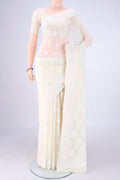Off White Blended Banarasi Georgette Saree with Thread Butta on the body and Thread Border.  displayed on a mannequin