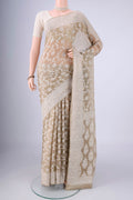 Dark Beige Blended Banarasi Georgette Saree with Thread Butta on the body and Thread Border.  displayed on a mannequin