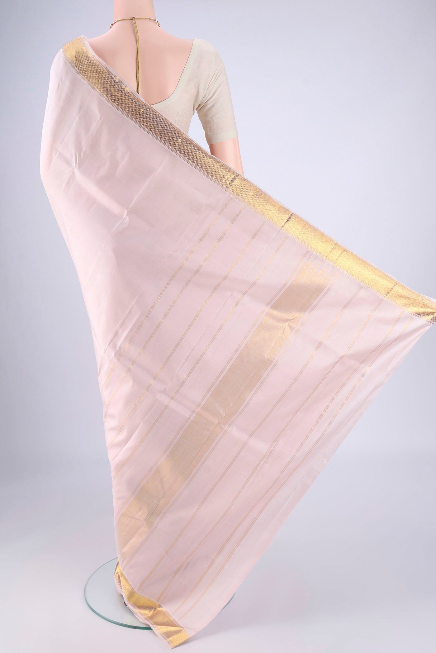 Flat view of Rose pink Kanjivaram Silk Saree with Plain Body and Zari Border. 