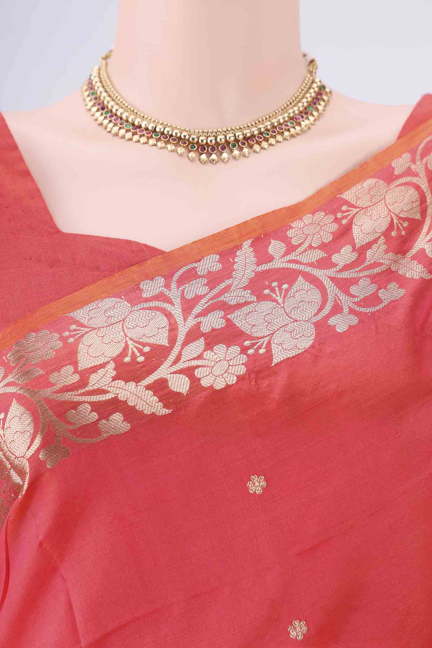 Border image of Orange Dual Tone Banarasi Katan Silk Saree with Zari Butta on the body and Zari Border. 