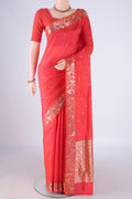 Orange Dual Tone Banarasi Katan Silk Saree with Zari Butta on the body and Zari Border.  displayed on a mannequin