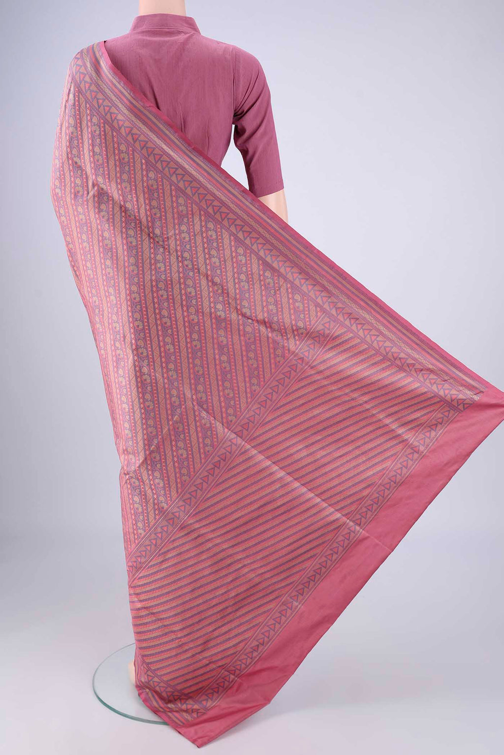 Flat view of Rose pink Banarasi Tanchoi Silk Saree with Jacquard design on the body and Zari Border. 