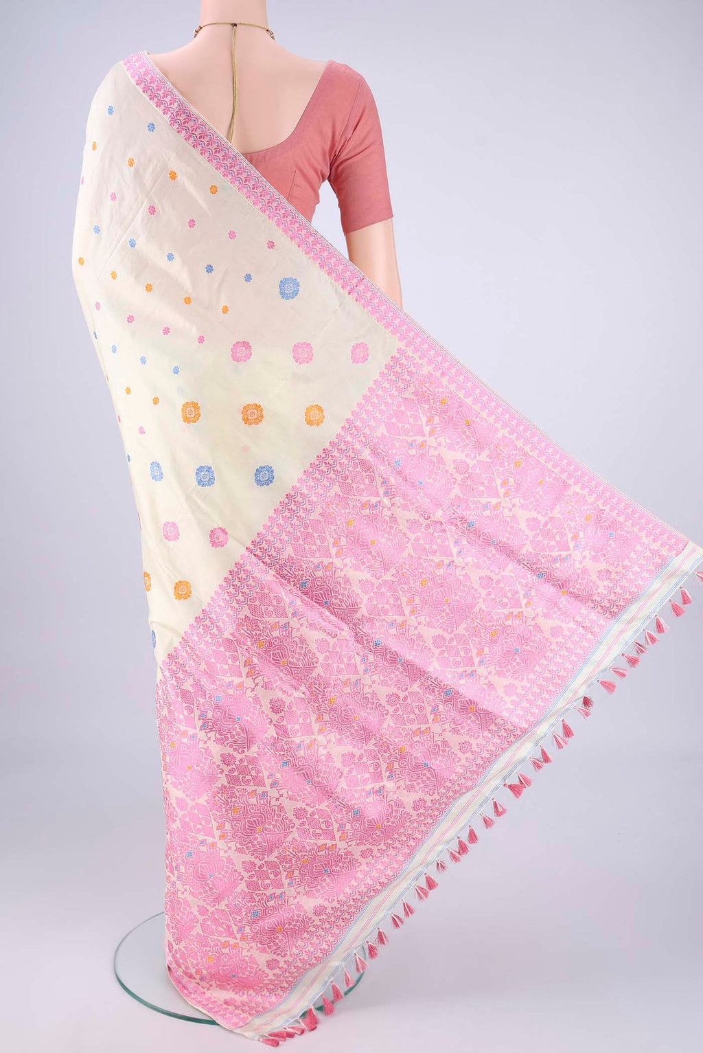 Flat view of Off White Assam Silk Saree with Thread Butta on the body and Thread Border. 