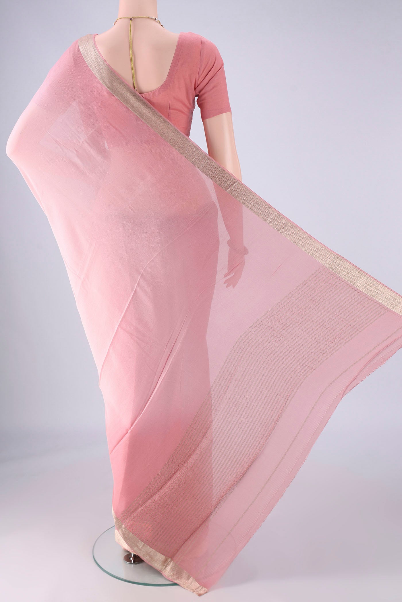 Flat view of Rose pink Mysore Chiffon Saree with Plain Body and Zari Border. 