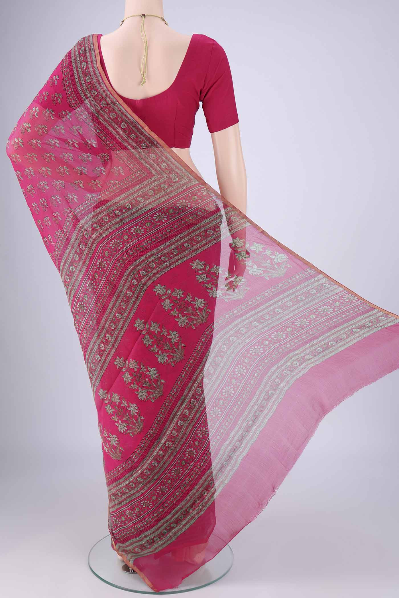 Flat view of Rani Pink Mysore Chiffon Saree with Floral Print on the body and Printed Border. 