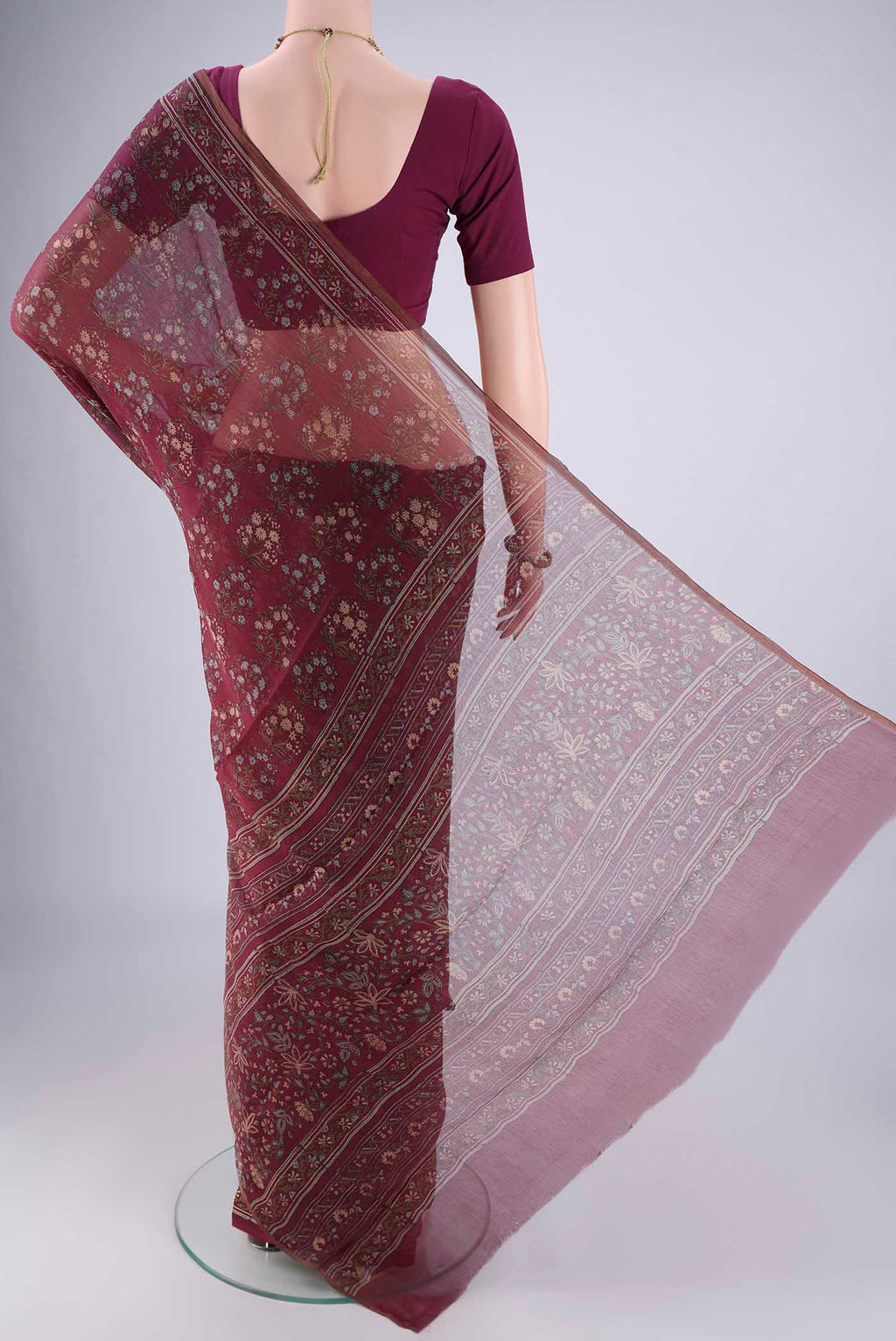 Flat view of Purple Mysore Chiffon Saree with Floral Print on the body and Thin Zari Line. 