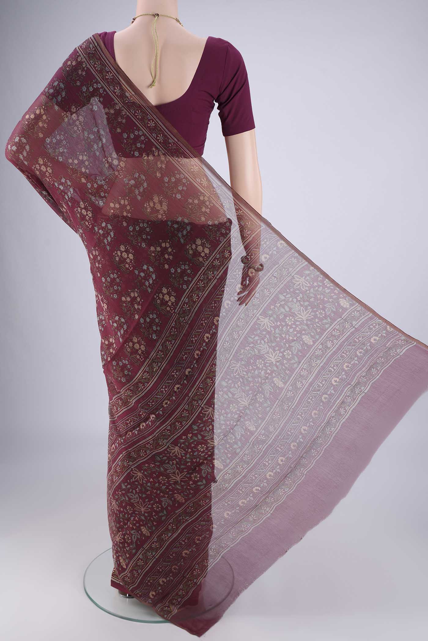 Flat view of Purple Mysore Chiffon Saree with Floral Print on the body and Thin Zari Line. 