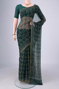 Bottle Green Mysore Chiffon Saree with Floral Print on the body and Thin Zari Line.  displayed on a mannequin