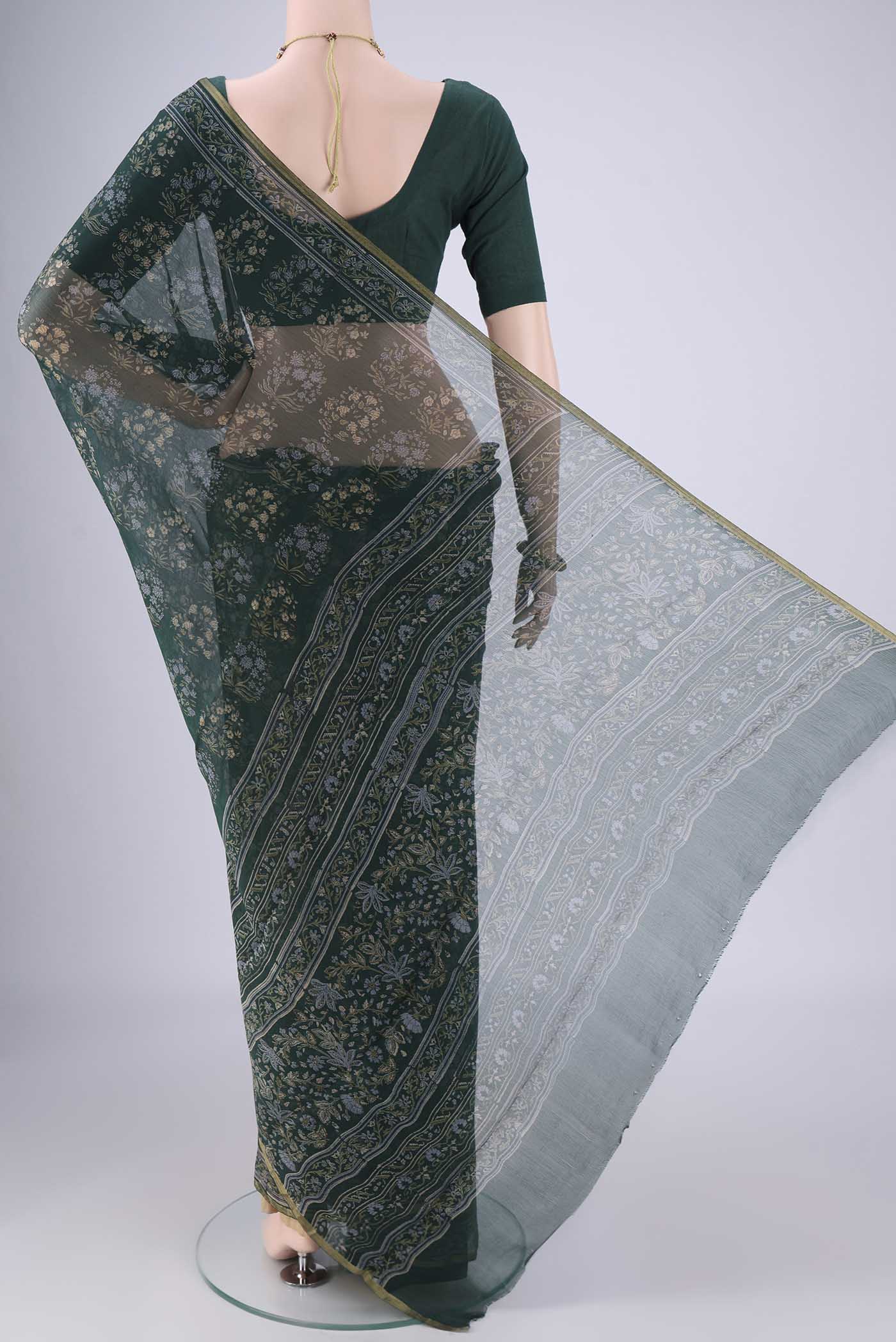 Flat view of Bottle Green Mysore Chiffon Saree with Floral Print on the body and Thin Zari Line. 