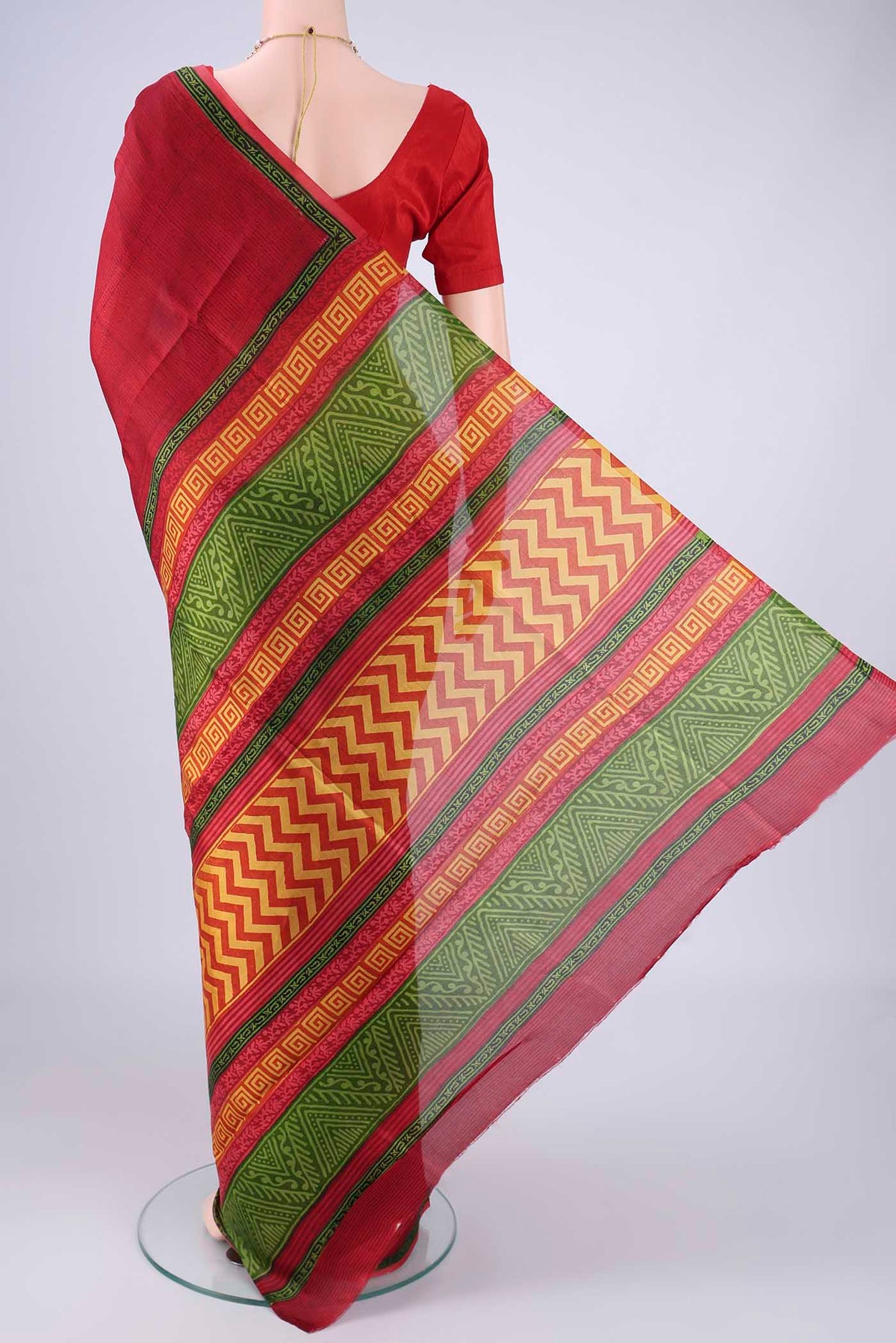 Flat view of Multi Color Printed Silk Saree with Printed design on the body and Printed Border. 