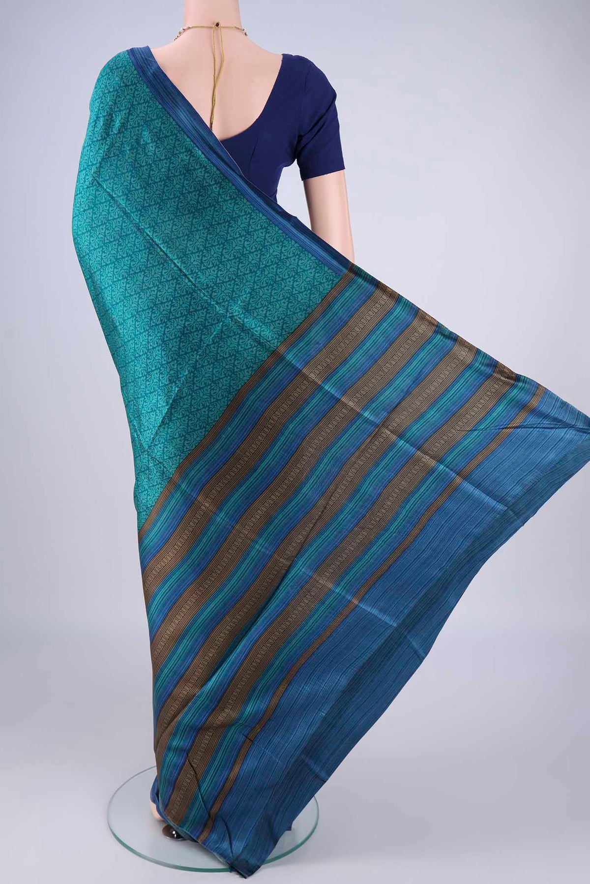 Flat view of Multi Color Printed Silk Saree with Half And Half on the body and Printed Border. 