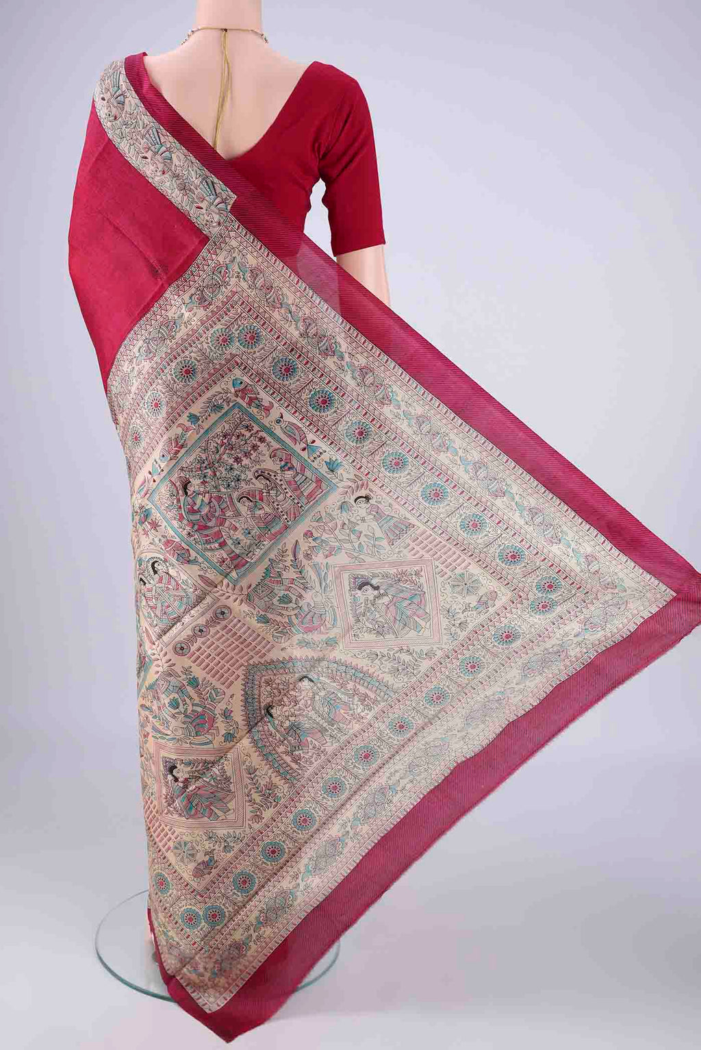 Flat view of Dark Pink Printed Silk Saree with Printed design on the body and Printed Border. 