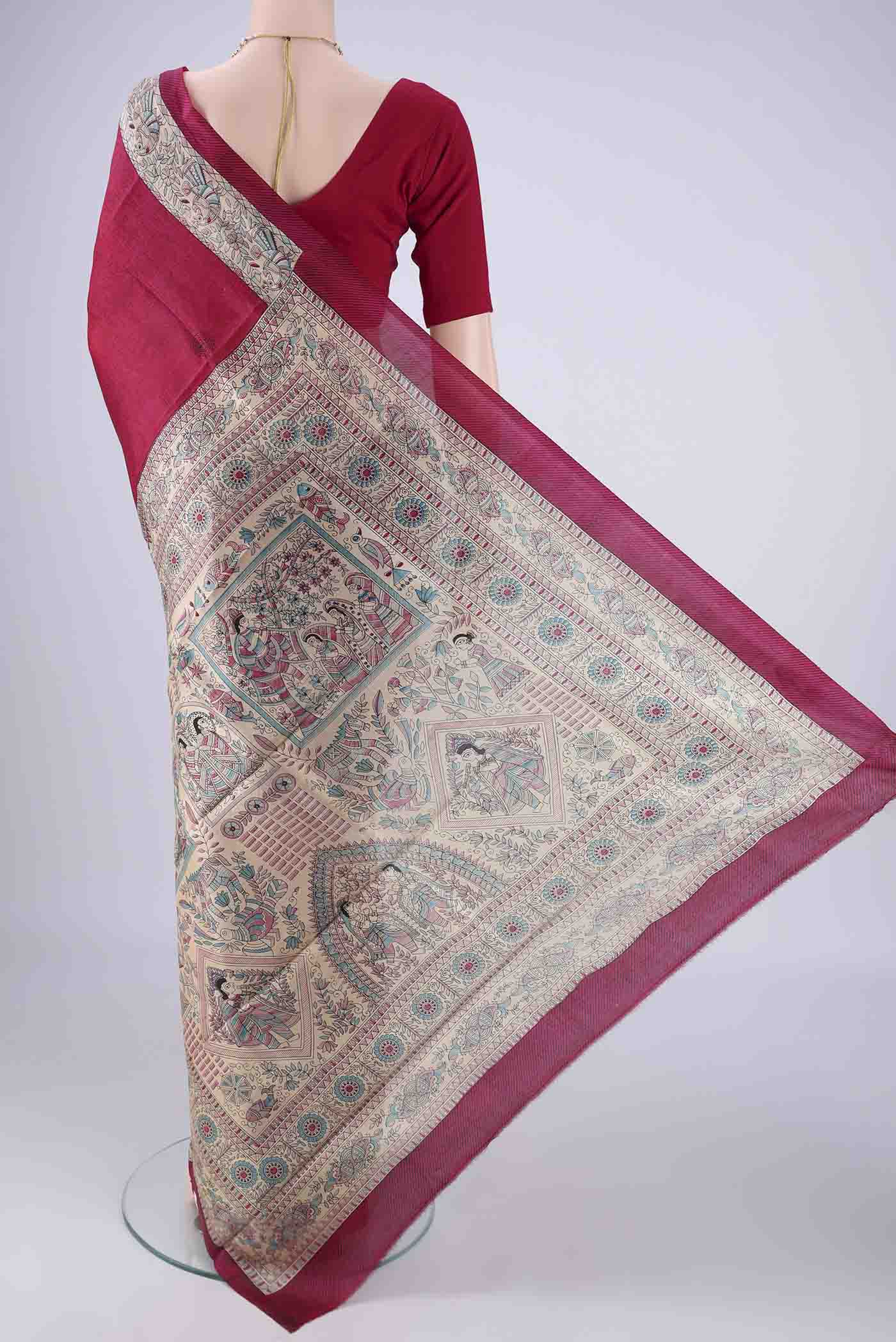 Flat view of Dark Pink Printed Silk Saree with Printed design on the body and Printed Border. 