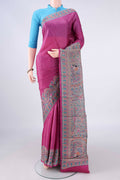 Pink Tussar Saree with Printed design on the body and Printed Border.  displayed on a mannequin