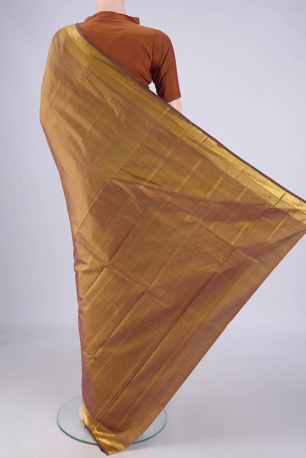 Flat view of Multi Color Kanjivaram Silk Saree with Plain Body and Zari Border. 