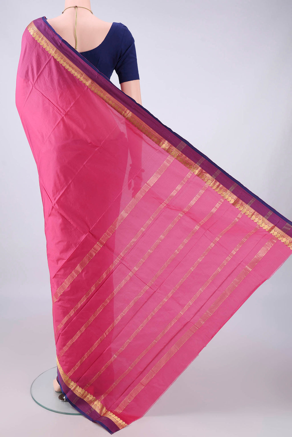 Flat view of Pink Blended Bangalore Silk Saree with Plain Body and Zari Border. 
