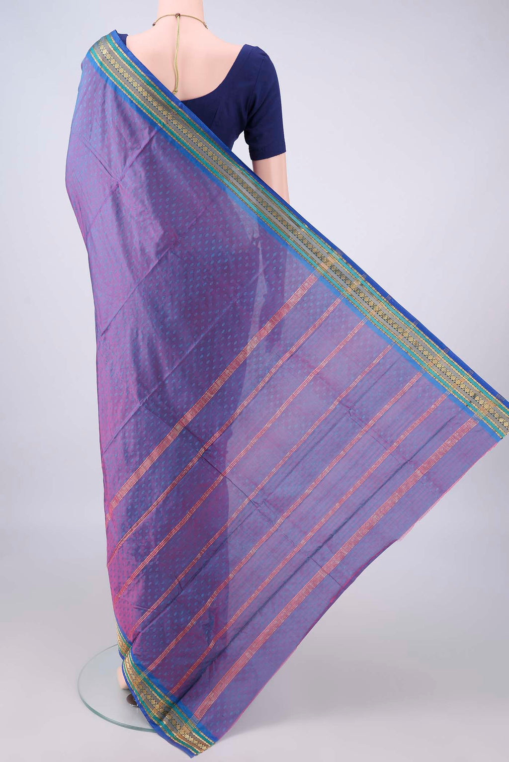 Flat view of Purple Blended Bangalore Silk Saree with Jacquard design on the body and Zari Border. 