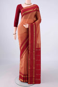 Peach Blended Bangalore Silk Saree with Plain Body and Zari Border.  displayed on a mannequin