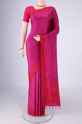 Rani Pink Soft Silk Saree with Jacquard design on the body and Thread Border.  displayed on a mannequin