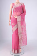 Pink Silk Cotton Saree with Zari Butta on the body and Zari Border.  displayed on a mannequin