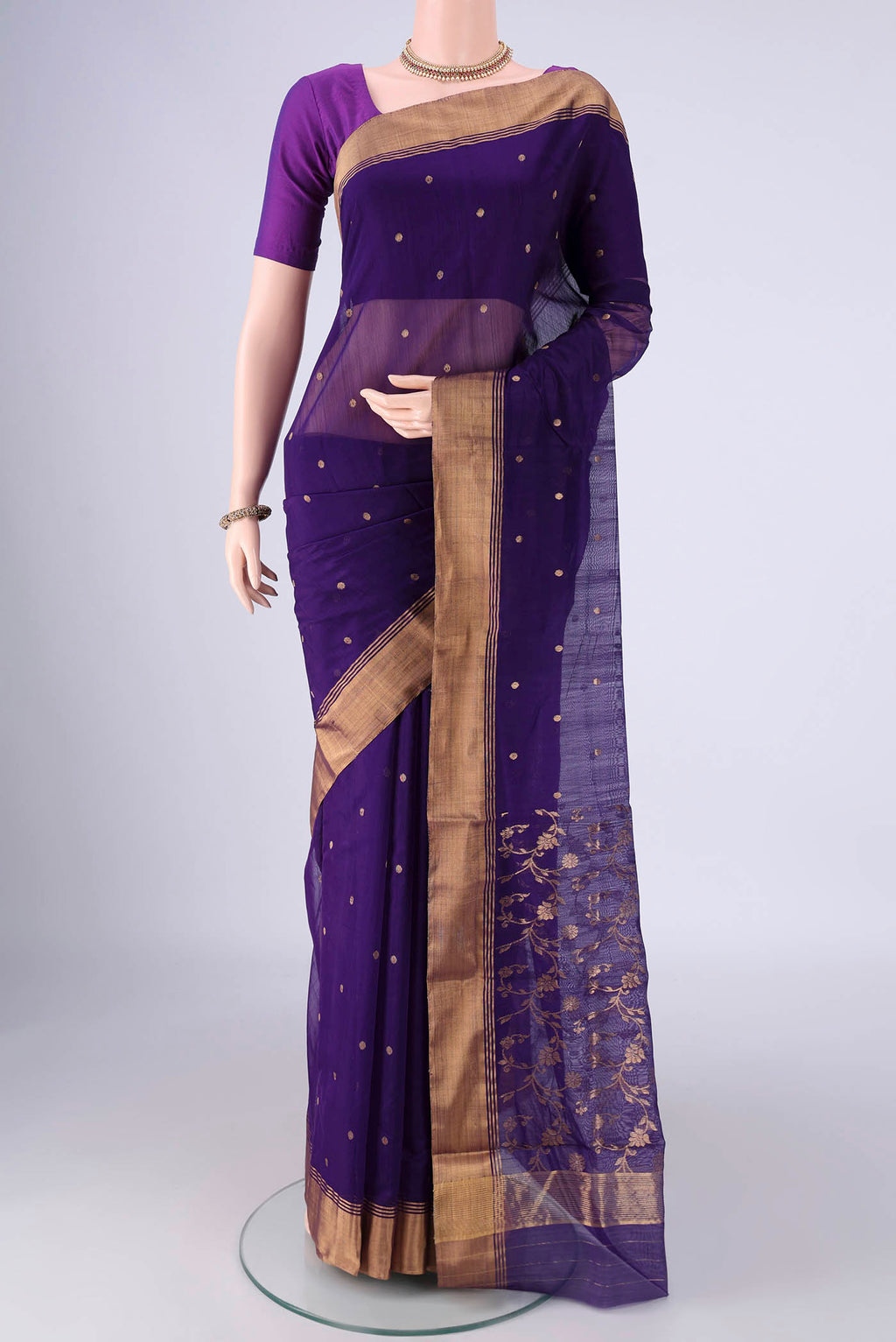 Dark Blue Chanderi Silk Cotton Saree with Zari Butta on the body and Zari Border.  displayed on a mannequin