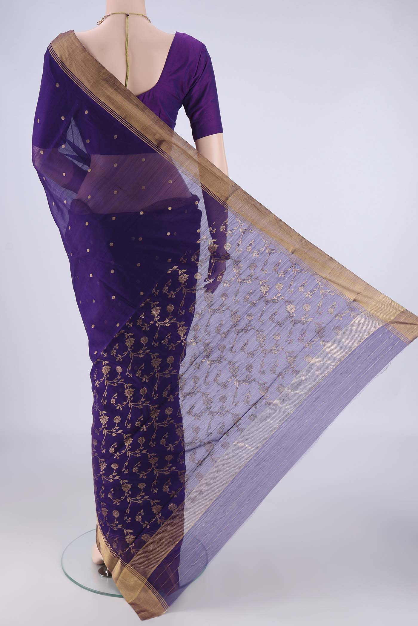 Flat view of Dark Blue Chanderi Silk Cotton Saree with Zari Butta on the body and Zari Border. 