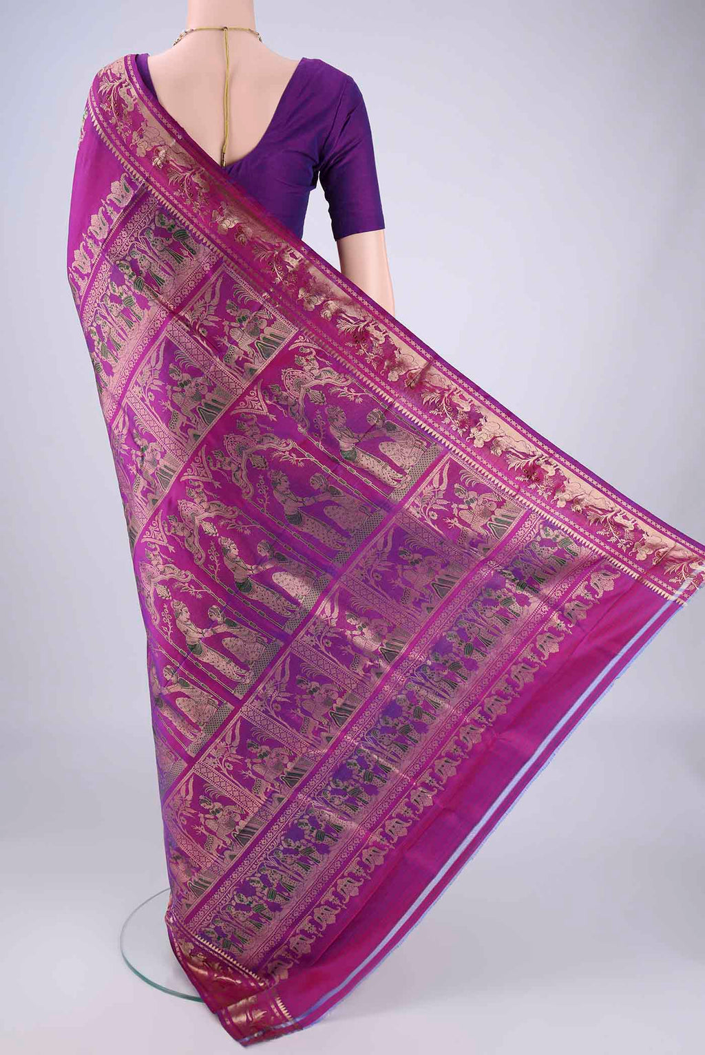 Flat view of Purple Baluchari Silk Saree with Zari And Thread Butta on the body and Zari And Thread Border. 