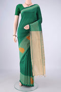 Bottle Green Blended Poly Cotton Saree with Checked design on the body and Thread Border.  displayed on a mannequin