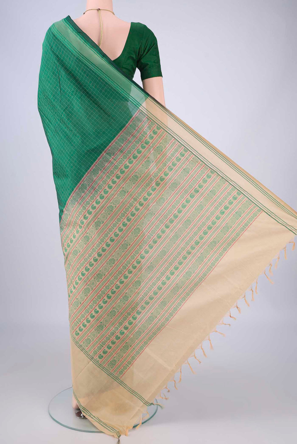 Flat view of Bottle Green Blended Poly Cotton Saree with Checked design on the body and Thread Border. 