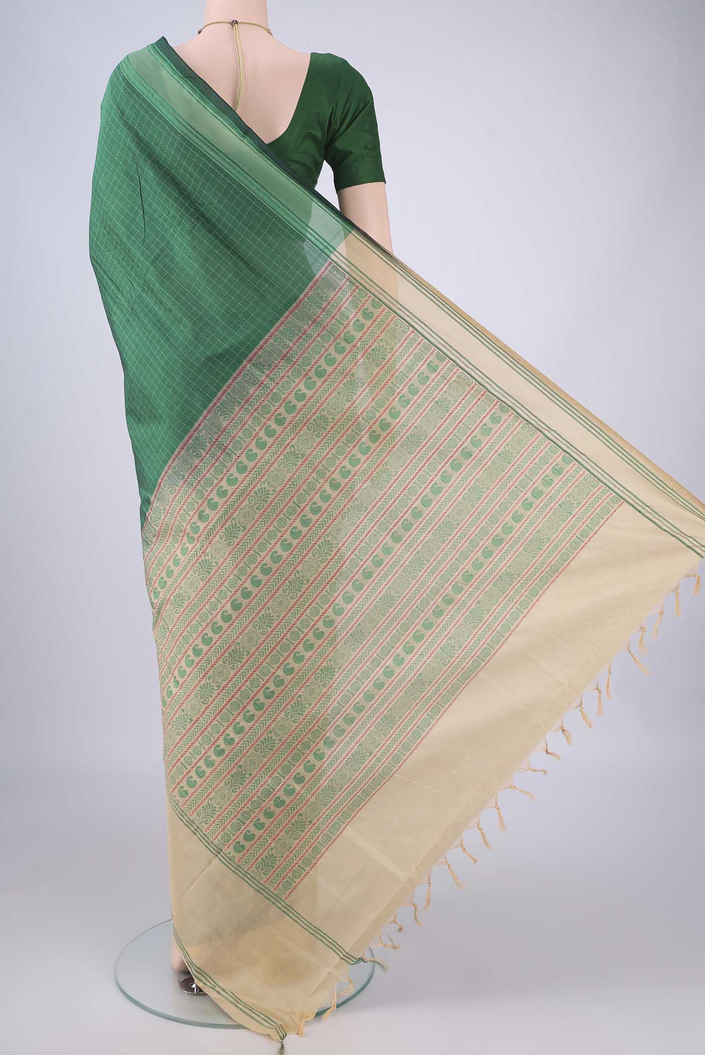 Flat view of Bottle Green Blended Poly Cotton Saree with Checked design on the body and Thread Border. 